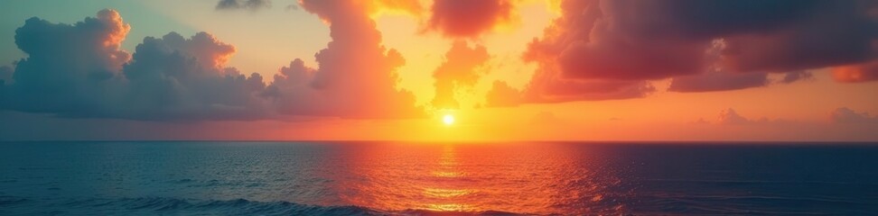 Obraz premium Golden hour sun paints sky vibrant hues over calm ocean, nature, pink