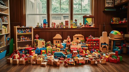Abundance of Children’s Building Blocks and Toys Scattered on Wood Floor, Creative Play, Early Childhood Development, Educational Toys.