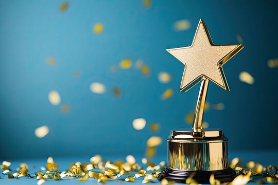 A blue background with a gold star illustrates a top performance award. It conveys victory, goal accomplishment, and achievements, including a winner's cup, certificate, and first place in gaming