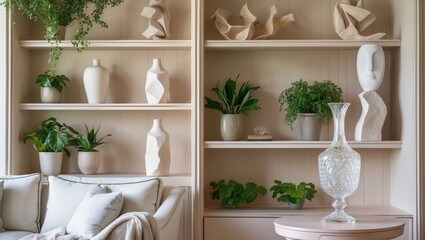 Room with Shelves holding Green Plants and White Ceramic Objects. Clear Glass Vase stands on Round Table with Cream Sofa in Foreground