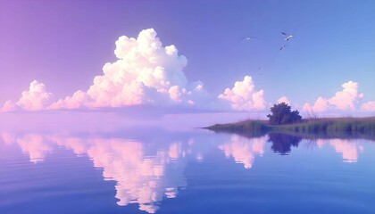 A beautiful landscape. The sky is a deep purple color with a large white cloud in the center. The cloud is reflected in the water below, creating a mirror-like effect. The water is calm and still.