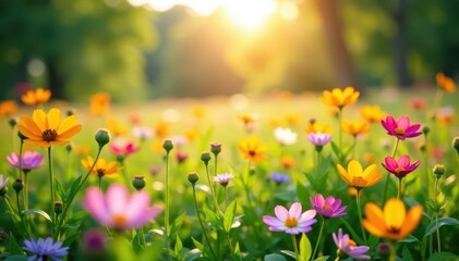 Fototapeta premium Vibrant wildflowers in full bloom, sunlit meadow , flowers, floral pattern