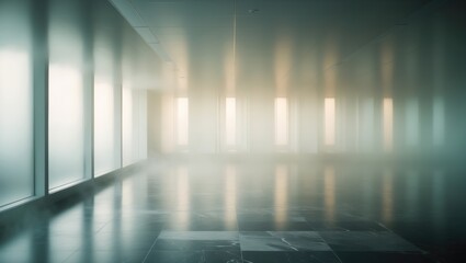 Blurred focus on office interiors. Frontal view of an open loft space interior. Blurred background.