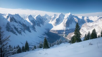 Landscape in ski resort amid clouds in winter Alps. Alpine mountains covered in white snow against a blue sky. Downhill peaks on snowy slopes.