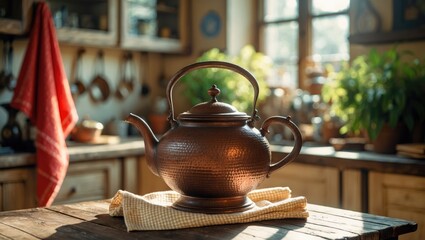Old stylish kitchen within the apartment, bright daylight streaming through the window. Copy space available. A red towel present. A vintage copper metal teapot placed on a wooden table.