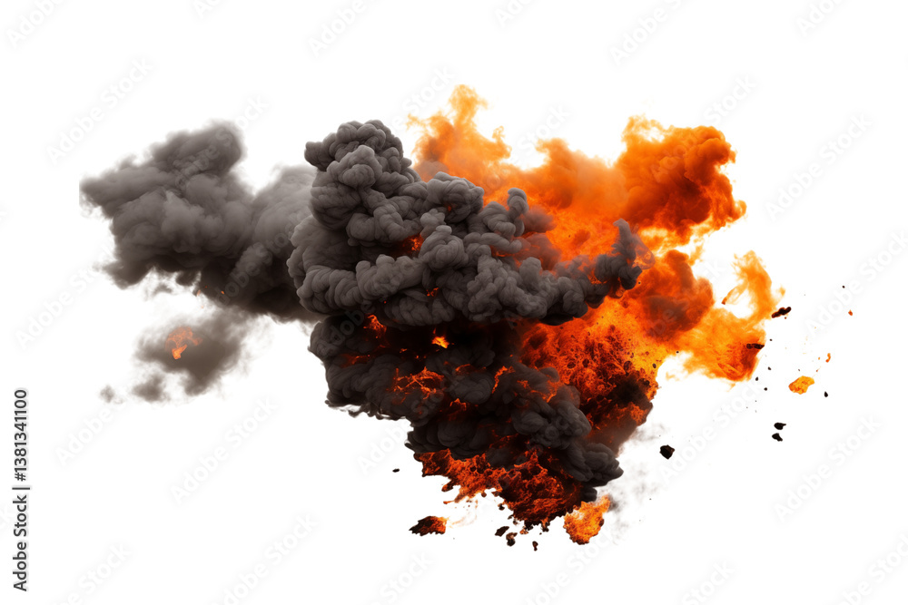 Wall mural an intense explosion with dark smoke and bright orange flames against a scene is shown on transparen