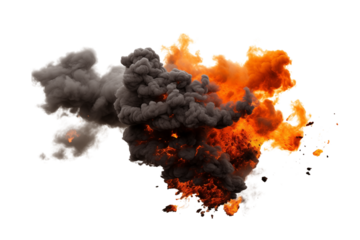 An intense explosion with dark smoke and bright orange flames against a  scene is shown on transparent background png