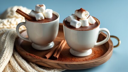 Obraz premium Blue Cup of hot Chocolate drink topped with Marshmallows and cinnamon in the background. Holiday theme, Selective focus.