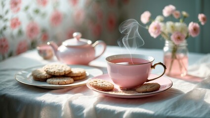 Pink dinnerware set with a cup and plate. Breakfast table adorned with pink flower decor. Tea time against a white background.
