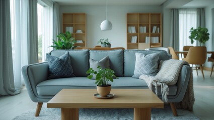 Fototapeta premium Interior of chic living room featuring a cozy sofa, coffee table, and blooming tree branches in a vase.