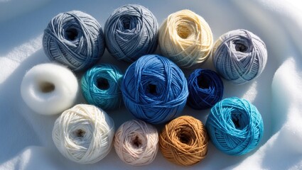 Black, gray, and blue crochet yarns displayed against a white background. Wool yarn. Yarn suitable for knitting.