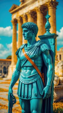 Blue Statue standing. Ancient style male figure with orange strap holds sword. Building with columns visible against blue sky