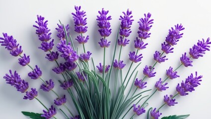 Lavender blooms and foliage isolated against a white backdrop. Concept of alternative medicine.
