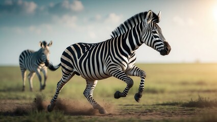 Naklejka premium A stunning image showcasing a zebra as it tries to rise from the vibrant green grass. The zebra's black and white striped fur contrasts elegantly with the environment.