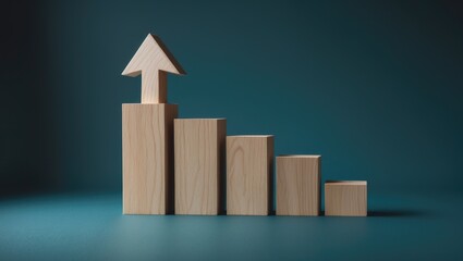 Big wooden arrowhead on stacked cube blocks bar graph chart steps against a dark blue background with space for text.