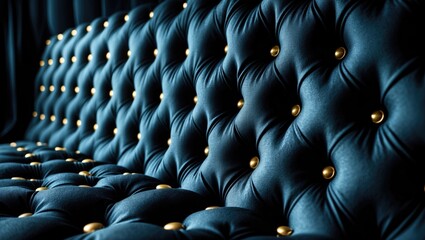 Fototapeta premium Black capitone textile backdrop featuring buttons, classic Chesterfield-style soft tufted fabric upholstery with a diamond pattern design, close-up.