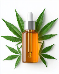 Fototapeta premium A clean product display of CBD oil in a transparent dropper bottle with golden liquid and fresh