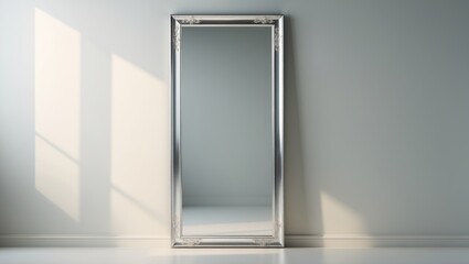 Large modern mirror with a silver frame set against a background.