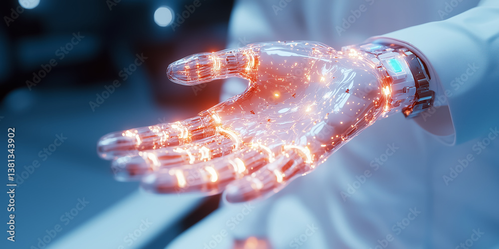 Poster robotic hand extends in a sleek design with visible glowing circuits and lights. high-tech setting e