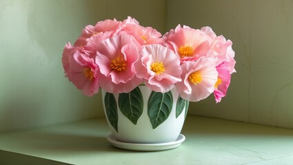 Obraz premium Close-up of pink primula. Beautiful primula blooming in a pot.