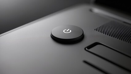 Close-up of a laptop computer's power button with background suitable for copy space.