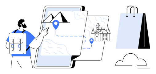Backpacker pointing at tablet map with landmarks and routes, shopping bags and cloud nearby. Ideal for travel, navigation, tourism, online shopping, exploration, technology planning. Flat simple