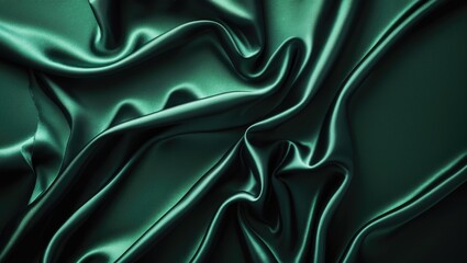 Fototapeta premium Black green silk satin backdrop. Space for text or product inclusion. Soft, wavy folds on glossy fabric. Aerial view. Luxurious dark green backdrop.