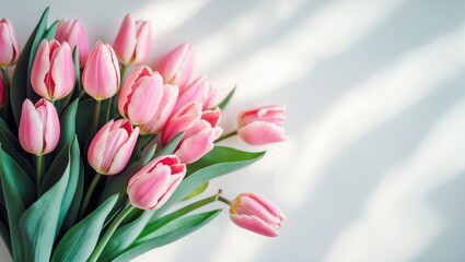 Obraz premium Pink tulips set against a white background. Spring tulip blossoms.