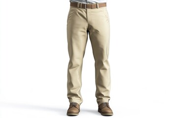 Man Wearing Tan Trousers and Leather Shoes Against a White Backdrop