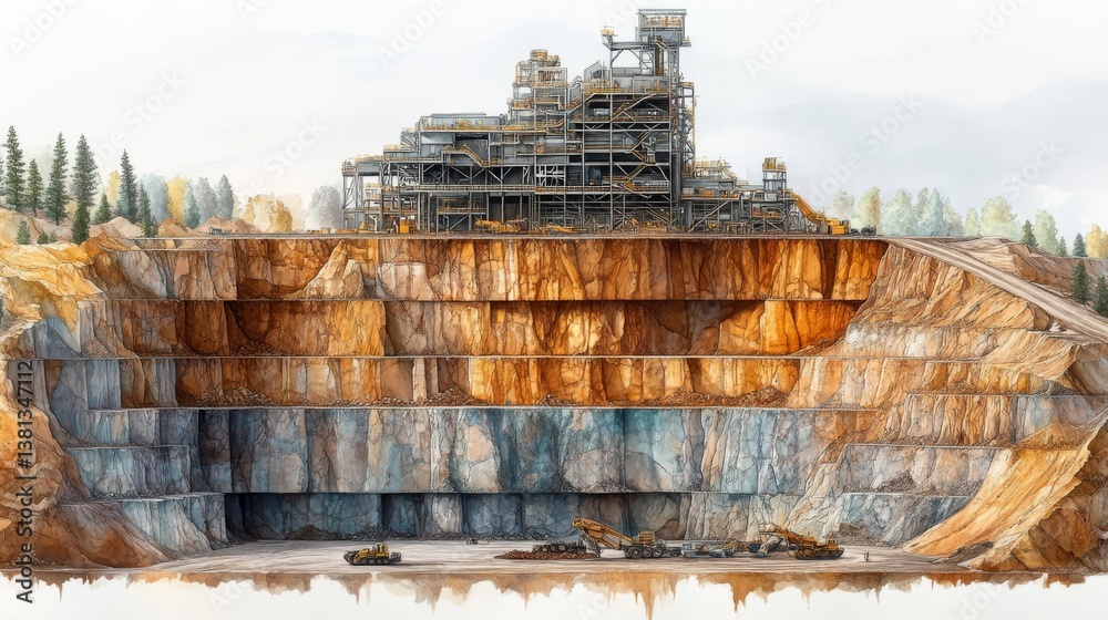 Leinwandbilder Excavation activities are underway in a well structured quarry displaying advanced mineral processing facilities atop layered rock formations, with heavy machinery in use below.