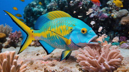 Obraz premium A parrotfish munching on coral, its scales a dazzling mosaic of turquoise, yellow, and pink. Fragments of coral dust float around it as it works, set against a bustling reef teeming with life and vibr