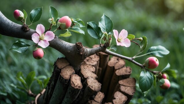 Live cuttings during the grafting process of an apple tree in cleft, featuring growing buds, young leaves, and flowers. Closeup.