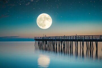 A full moon rising over a quiet fishing pier, the calm waters reflecting the sky and stars.