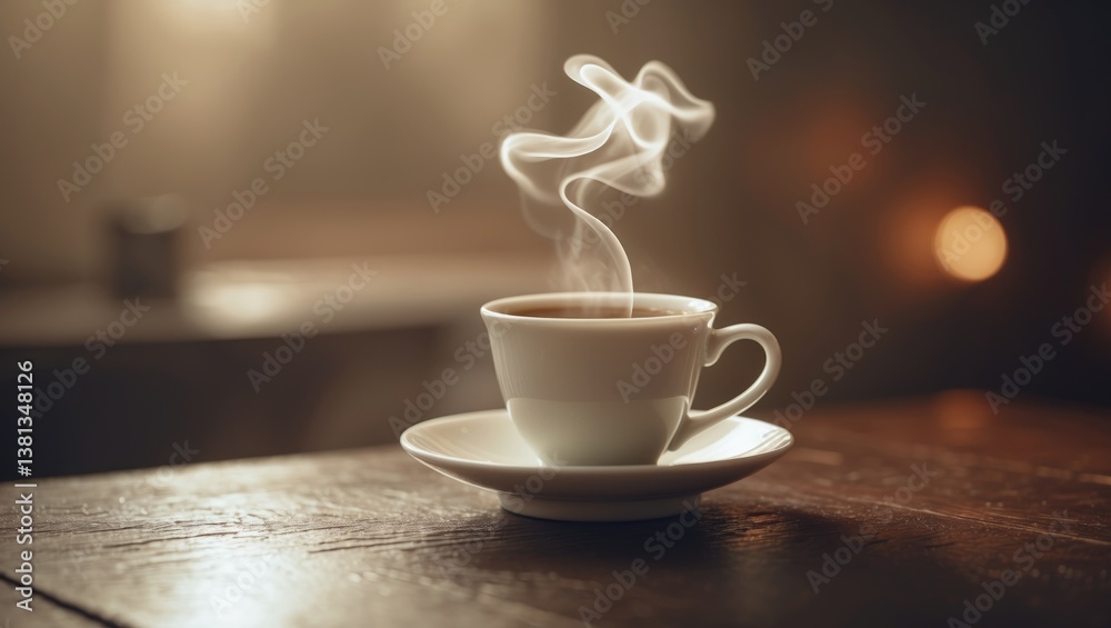 Poster hot coffee on the table with a background setting