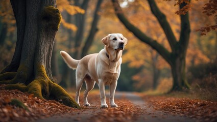Beautiful yellow labrador retriever standing on a forest path