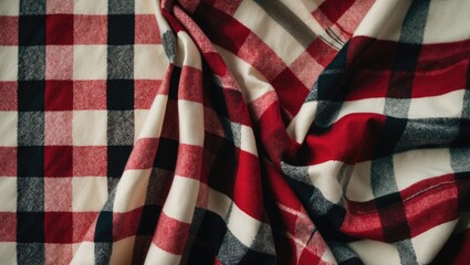 Fototapeta premium Plaid napkin featuring a scotch pattern in red, black, and white checkered design, isolated on a background. Accessory for party table setting.