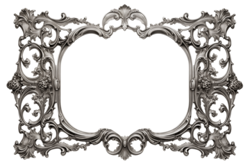 Ornate silver frame with floral details and a black oval center for picture or mirror display on transparent background png