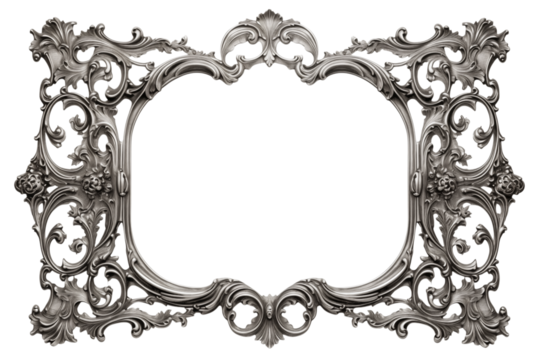 Ornate silver frame with floral details and a black oval center for picture or mirror display on transparent background png