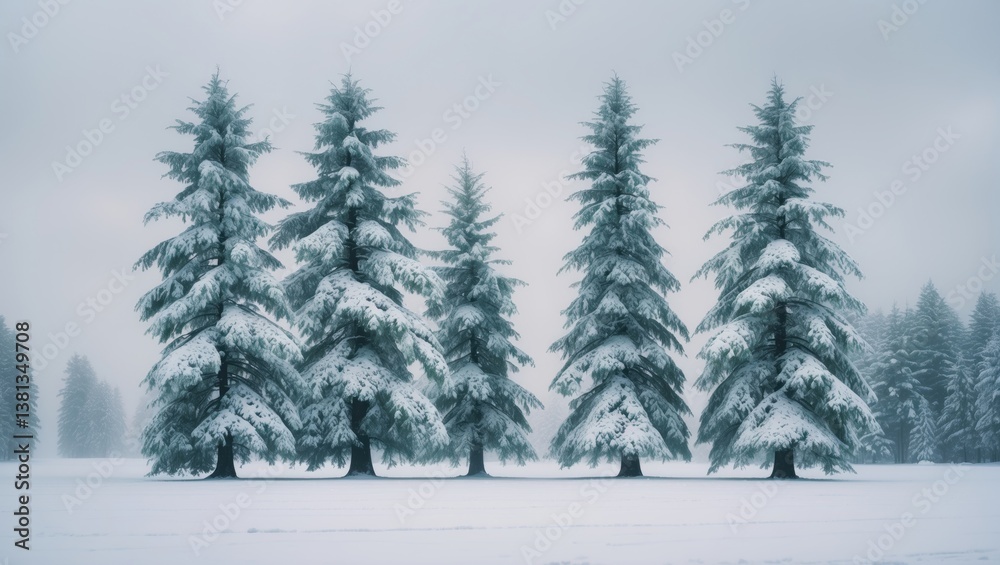 Poster group of frosted spruce trees in snow set against a white backdrop.