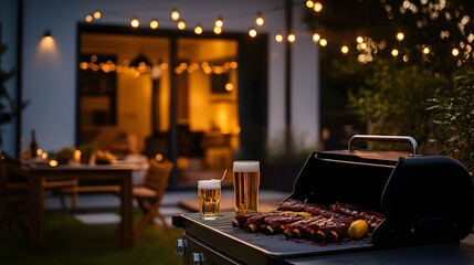 Fototapeta premium A modern patio with string lights, an open grill, grilled ribs, and cold beer in an ice bucket.