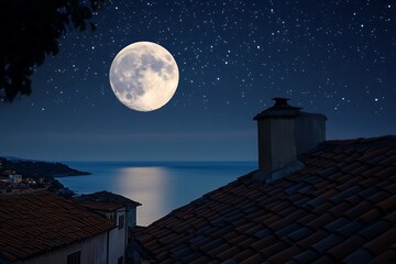 A full moon rising over a quiet coastal village, the stars scattered above the rooftops.