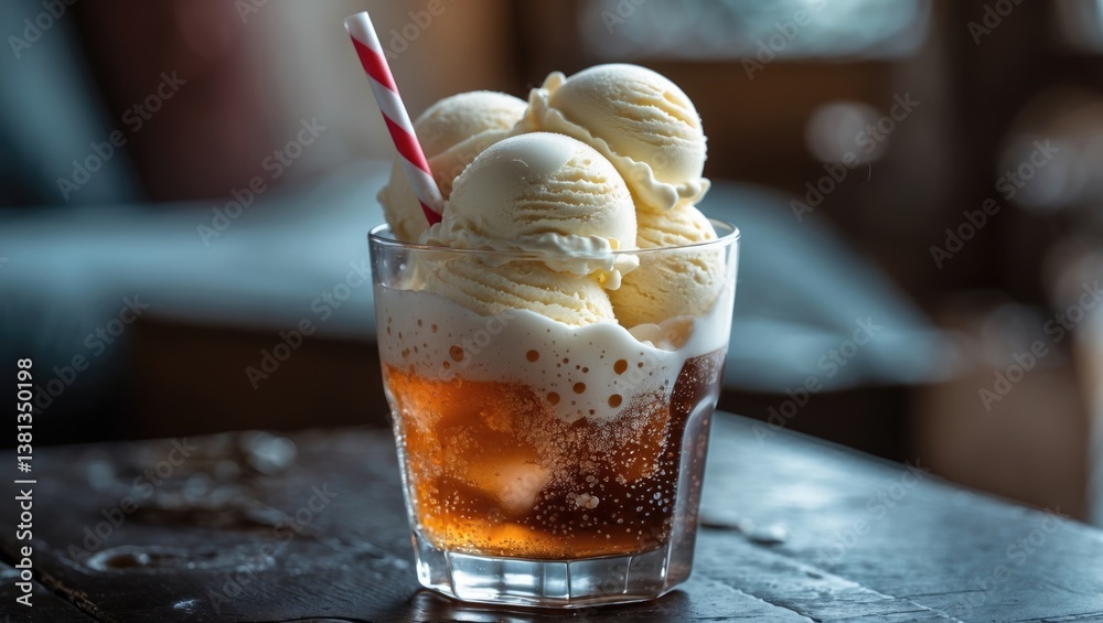 Poster homemade soda ice cream float served with a straw