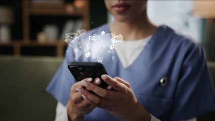 Nurse hands, phone and finance hologram in home for online shopping, cryptocurrency and trade. Person, mobile and future tech on sofa for foreign exchange rates, global healthcare news or information - Powered by Adobe