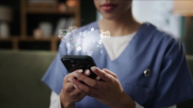 Nurse hands, phone and finance hologram in home for online shopping, cryptocurrency and trade. Person, mobile and future tech on sofa for foreign exchange rates, global healthcare news or information