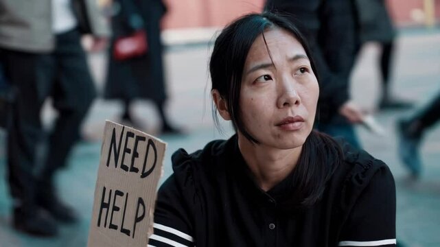 Homeless person seeking help on busy city street