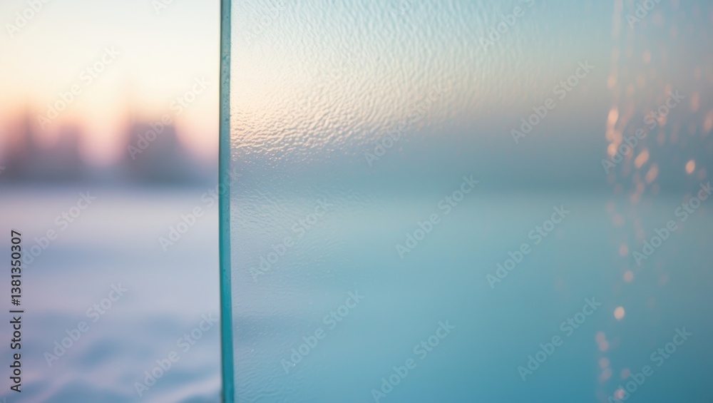 Poster Ice patterns on a windowpane, selective focus. Frosty backdrop created by ice crystals. High-quality photography.