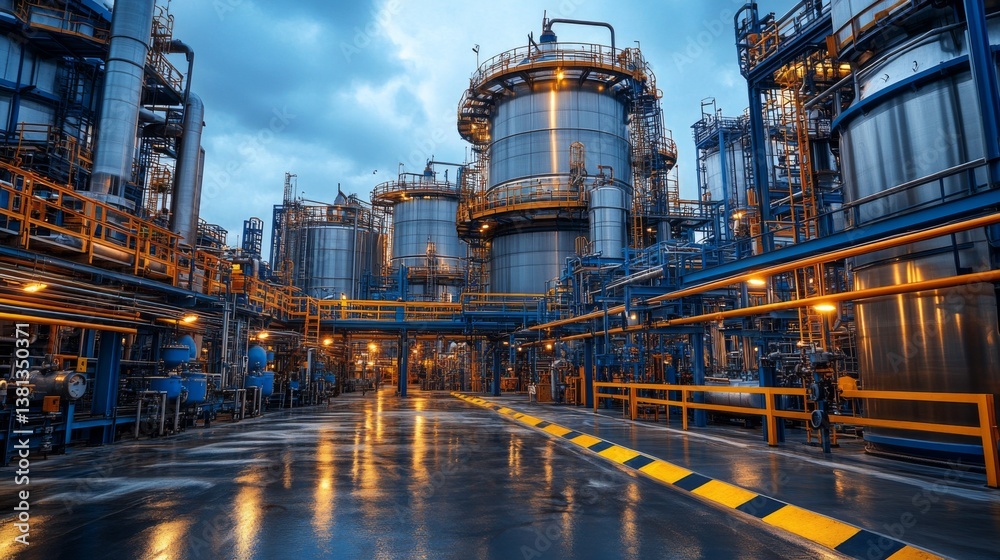 Poster Concentration of large metallic tanks and industrial equipment highlights cutting edge mining and extraction processes in a bustling facility during overcast weather.