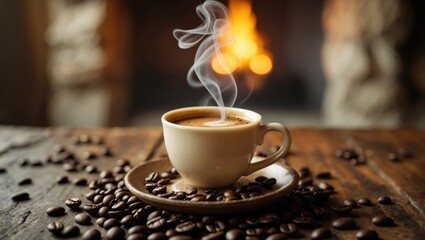 Steaming coffee beside the fireplace