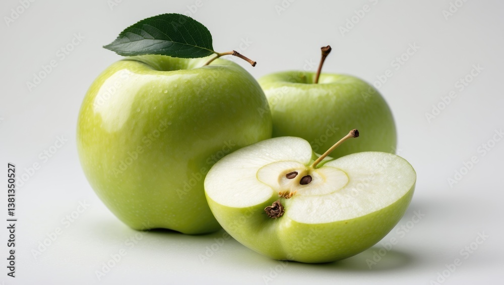 Poster Group of ripe apples with an apple leaf and a sliced apple isolated on a white background. Apples and apple cut with a clipping path.