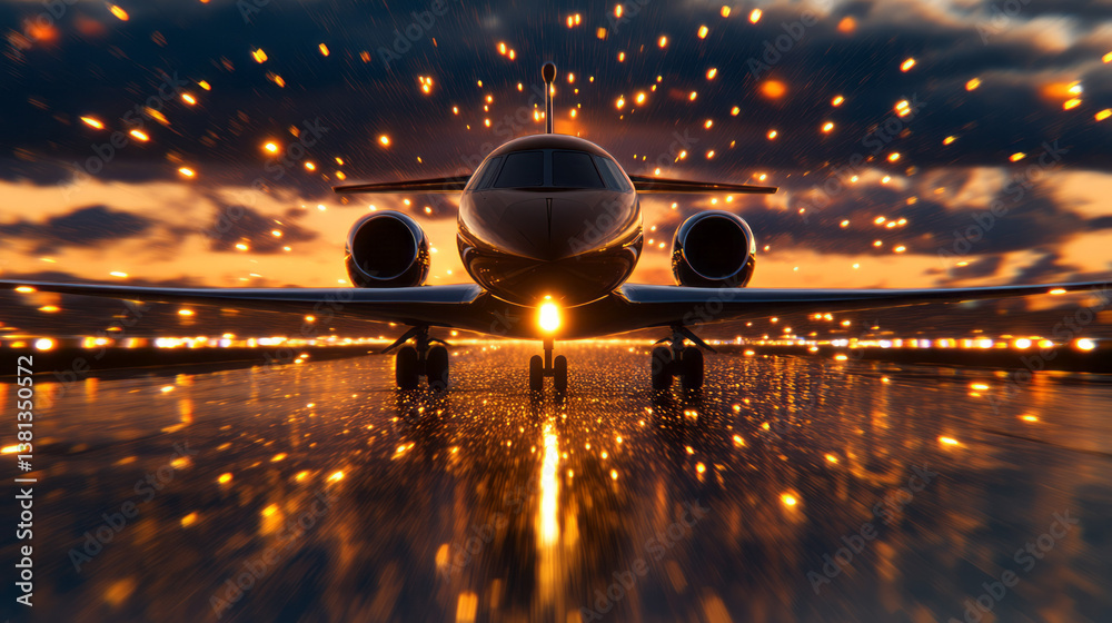 Leinwandbilder a front-facing view of an airplane accelerating down the runway toward a glowing sky, capturing